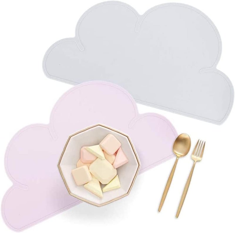 Kids Place Mats, Silicone Cloud Shape Table Placemats 48 × 27cm Baby Feeding Plate, Anti Slip Heat Proof Stain Resistant Washable Toddler Tablemat, Portable Tableware, Grey And Pink, Set of 2 - Image 1